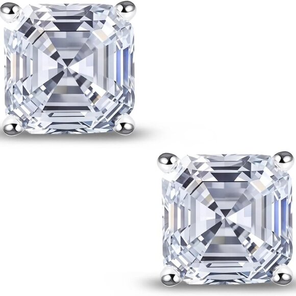 Sterling Silver Earrings Asscher Cut Cubic Zirconia Gold Plated Stud Jewelry